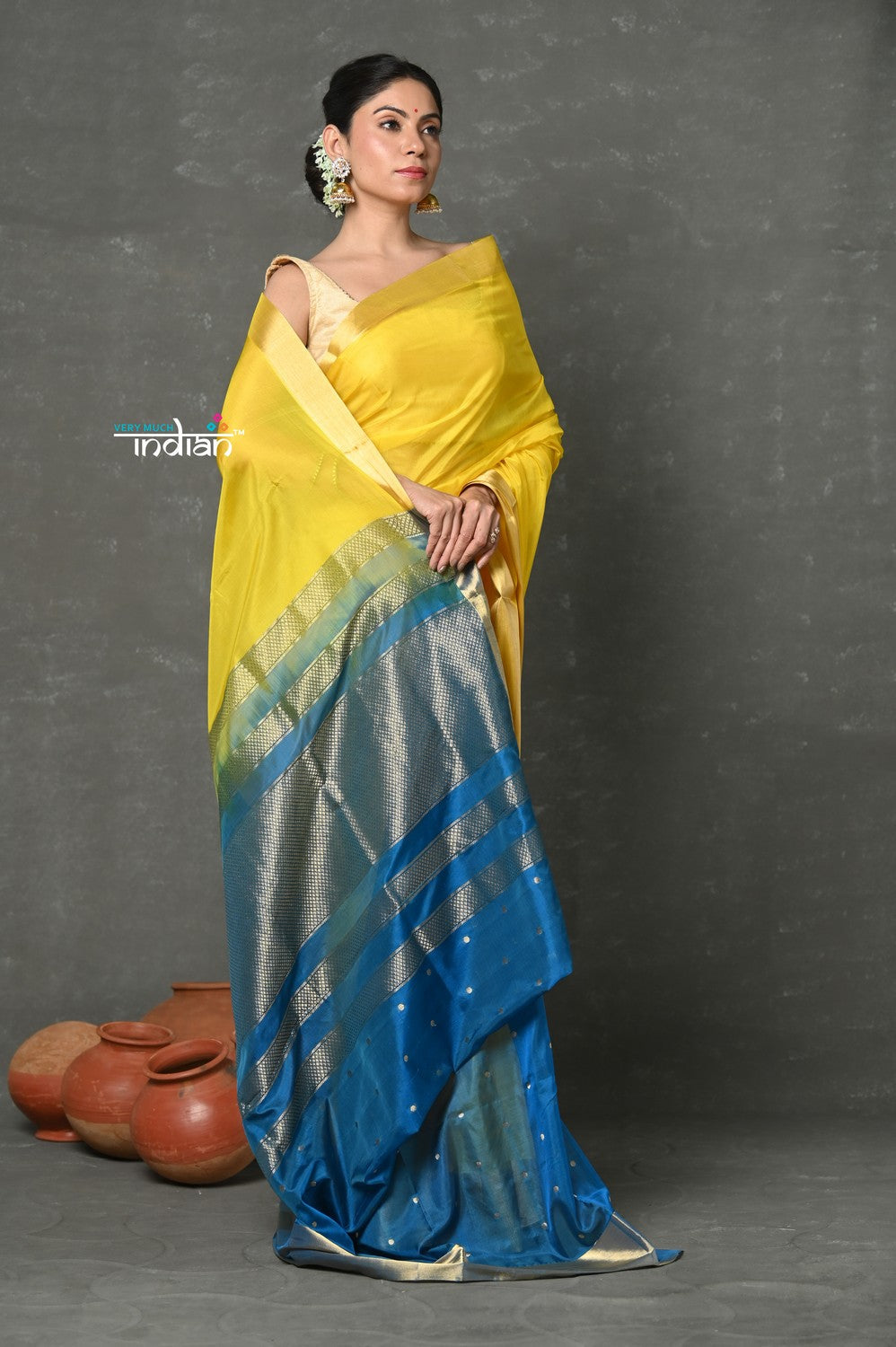 Very Much Indian Tyohaar - Handloom Pure Chanderi Cotton Silk Saree With Golden Border - Yellow | Swadesiicart
