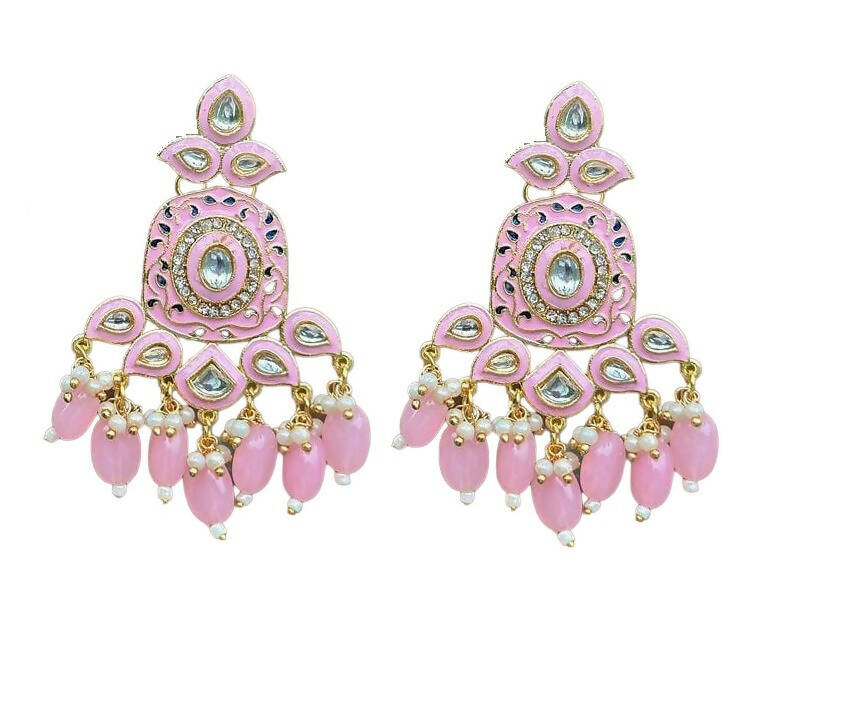Gold-Toned Pink Kundan Contemporary Drop Earrings for Women & Girls By House of Ree - Grab2buy