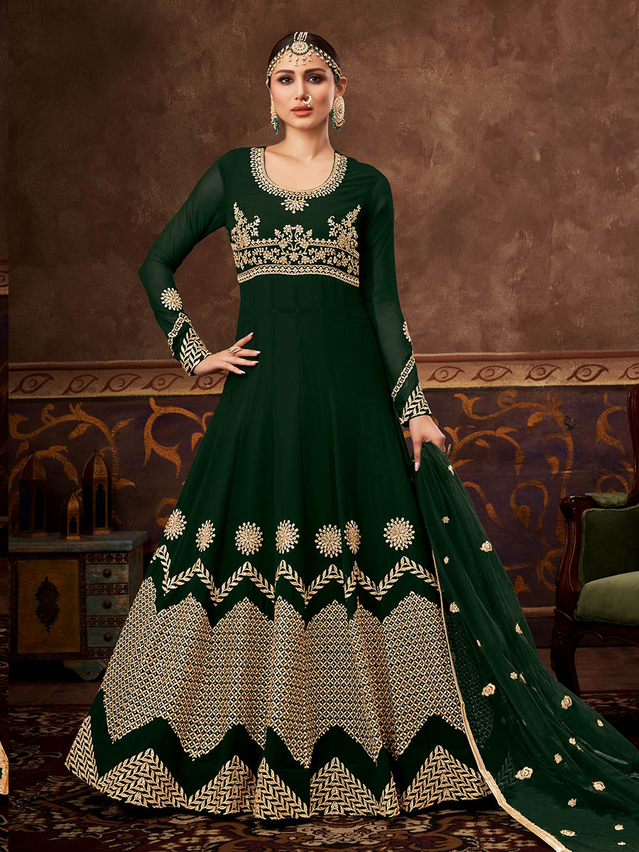 Myra Deep Green Real Georgette Embroidered Anarkali Suit 