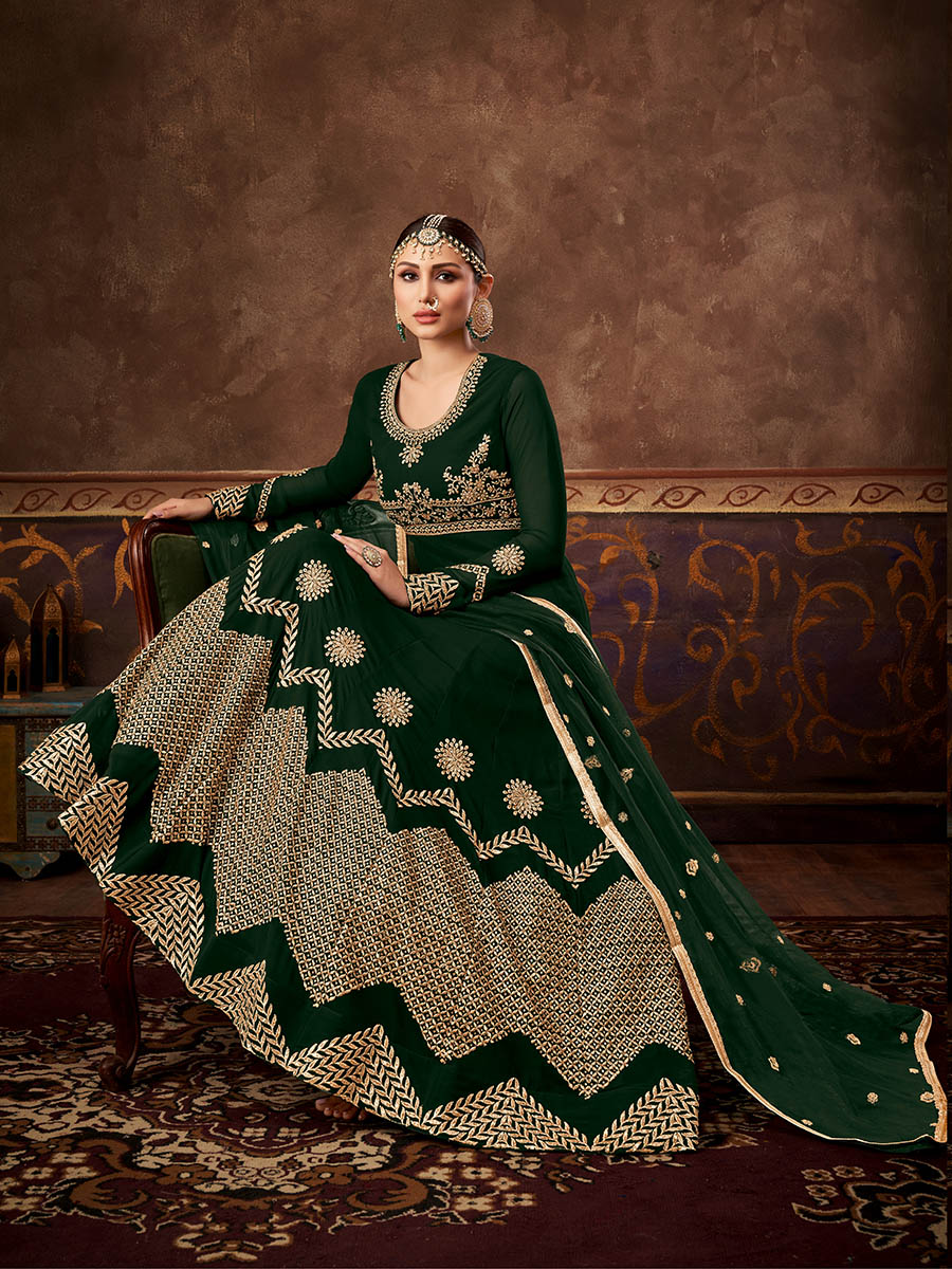 Myra Deep Green Real Georgette Embroidered Anarkali Suit 