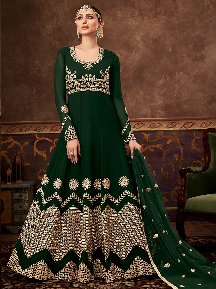 Myra Deep Green Real Georgette Embroidered Anarkali Suit 