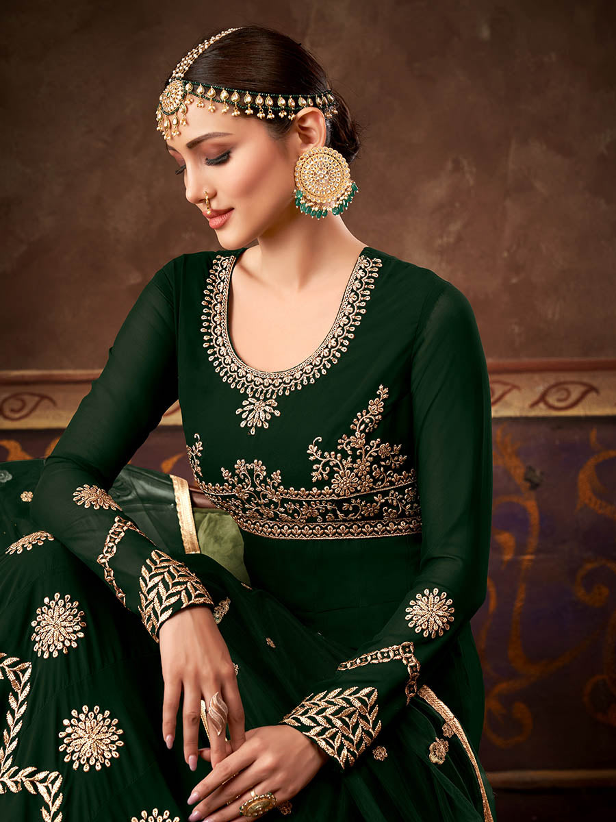Myra Deep Green Real Georgette Embroidered Anarkali Suit 