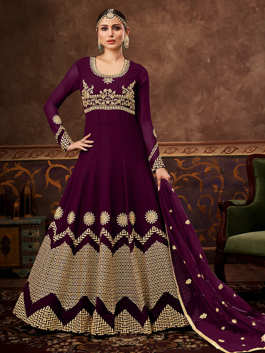 Myra Wine Real Georgette Embroidered Anarkali Suit (HO1103) 