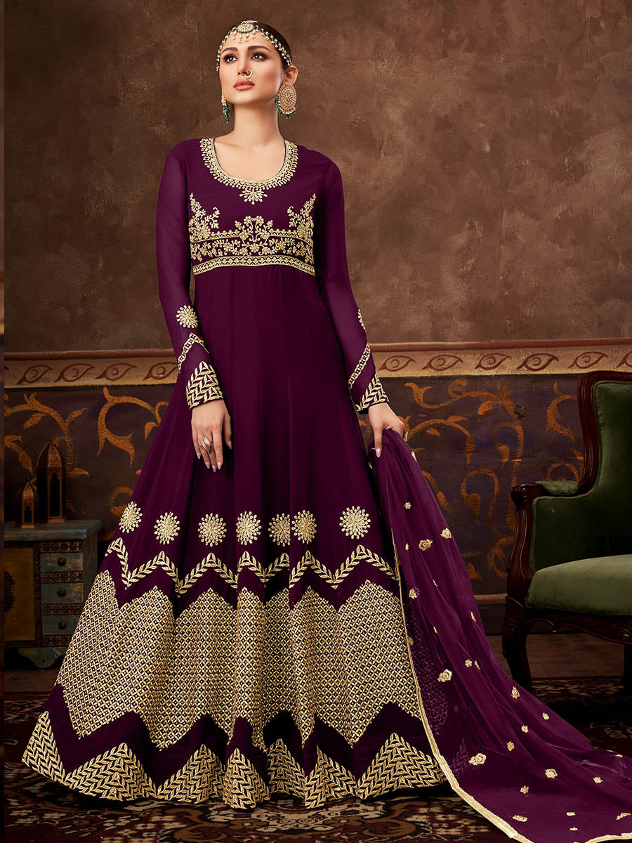 Myra Wine Real Georgette Embroidered Anarkali Suit (HO1103) 