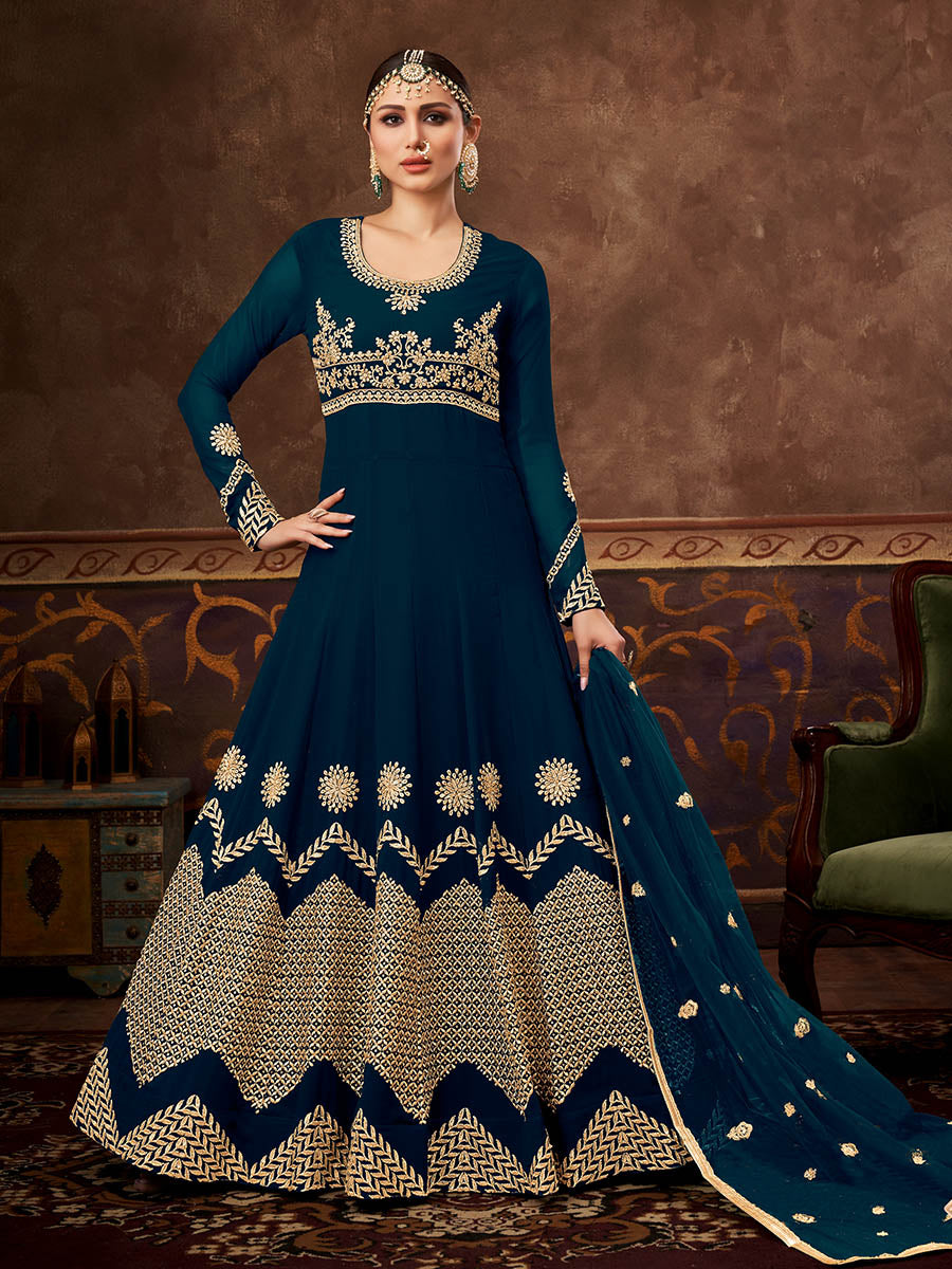 Myra Rama Green Real Georgette Embroidered Anarkali Suit 