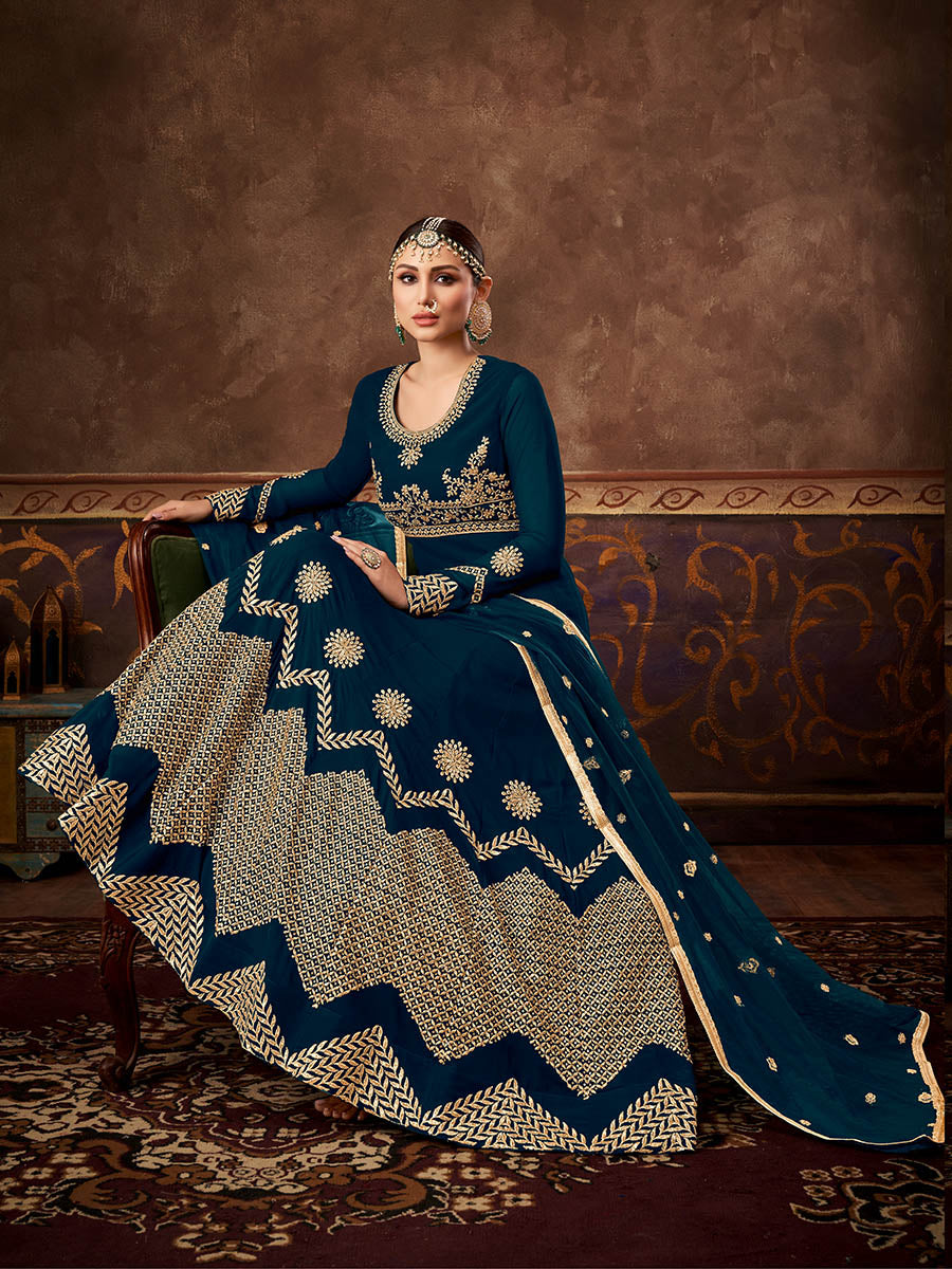 Myra Rama Green Real Georgette Embroidered Anarkali Suit 