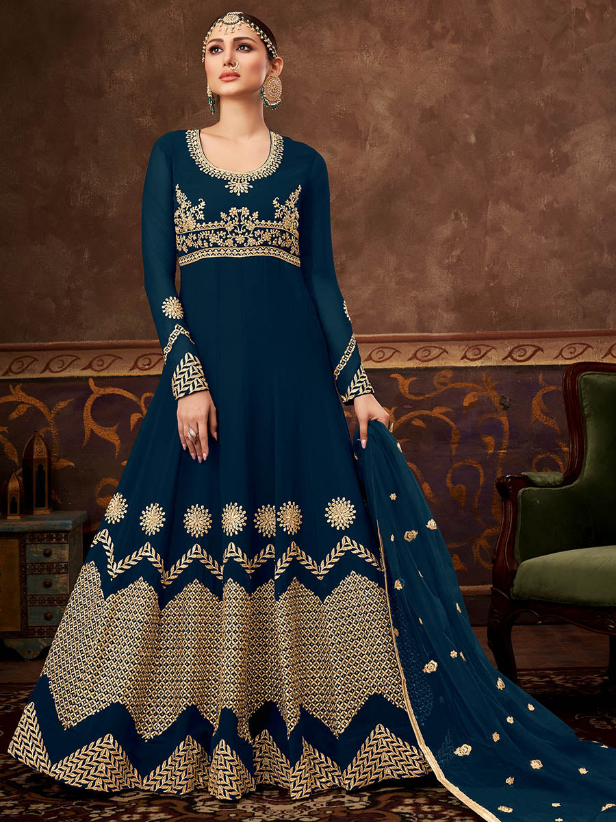 Myra Rama Green Real Georgette Embroidered Anarkali Suit 