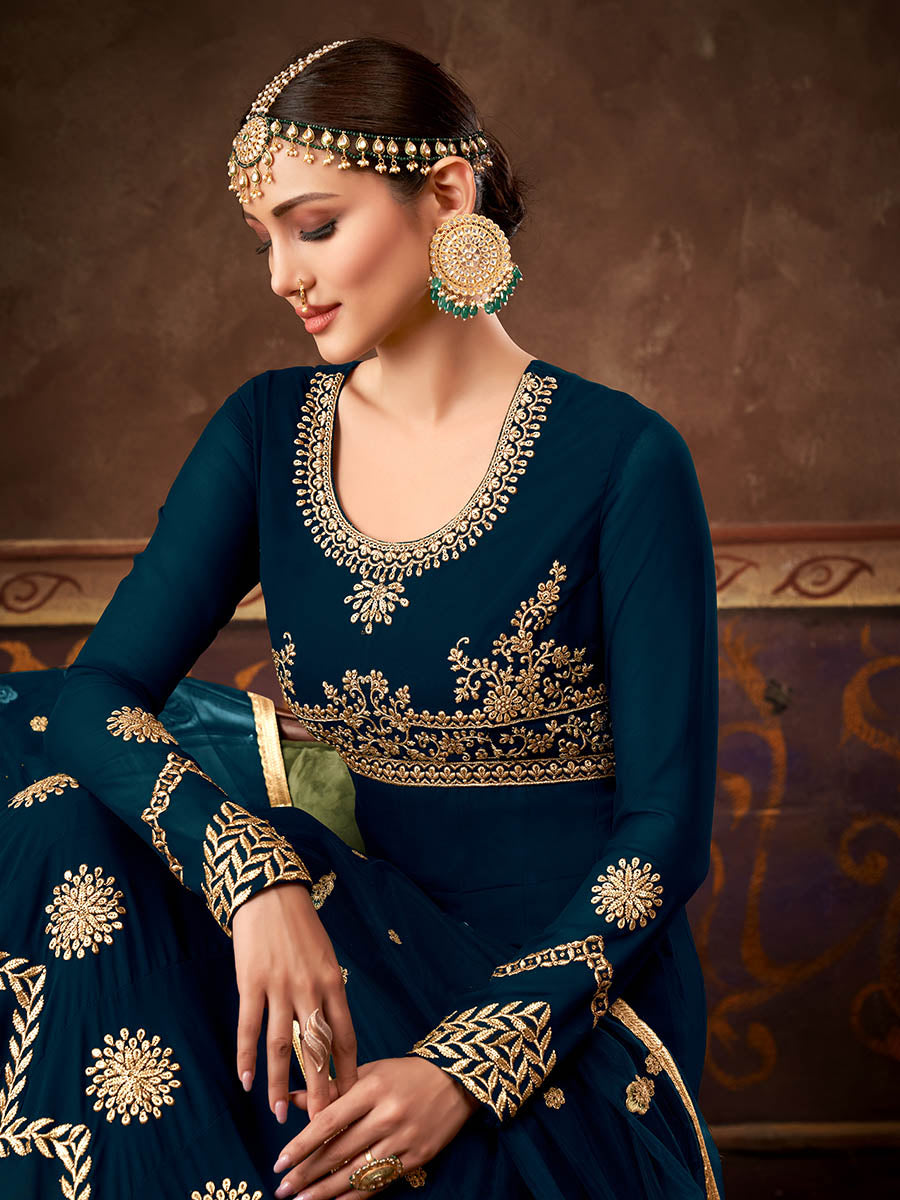 Myra Rama Green Real Georgette Embroidered Anarkali Suit 