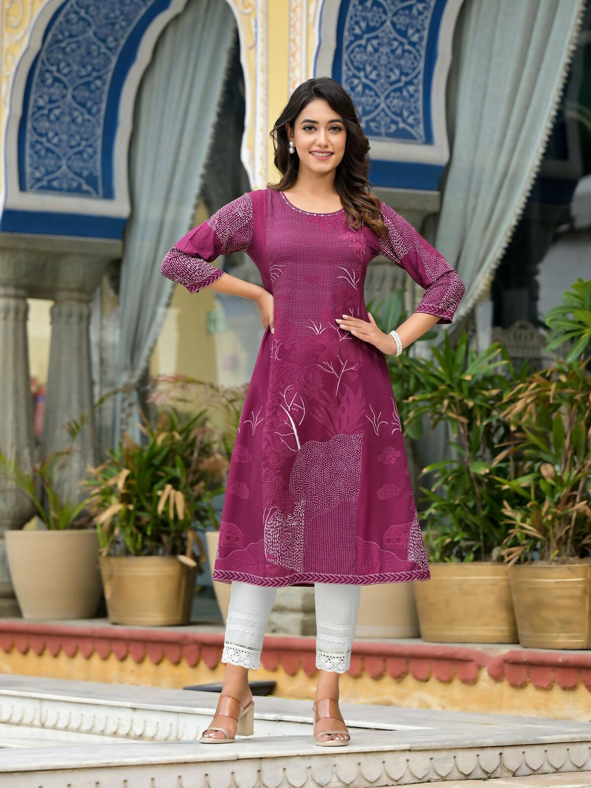 Juniper Women's Wine Beautiful Printed Liva Rayon A-Lined Kurta For Women 