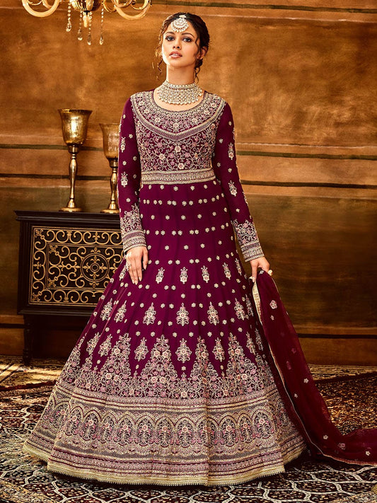 Myra Maroon Pure Georgette Embroidered Party Wear Suit