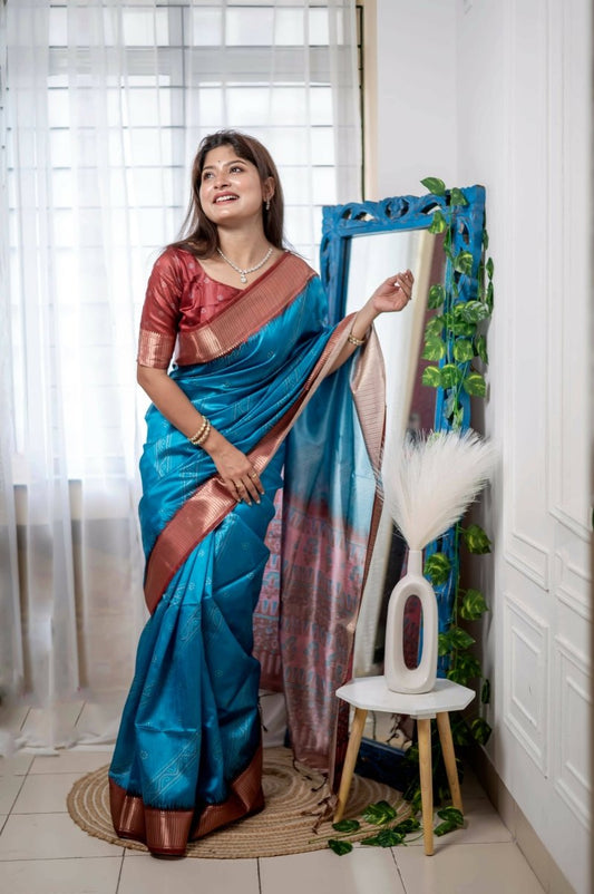 Aastha Fashion Turquoise Woven Soft Silk Saree with Blouse - Grab2buy