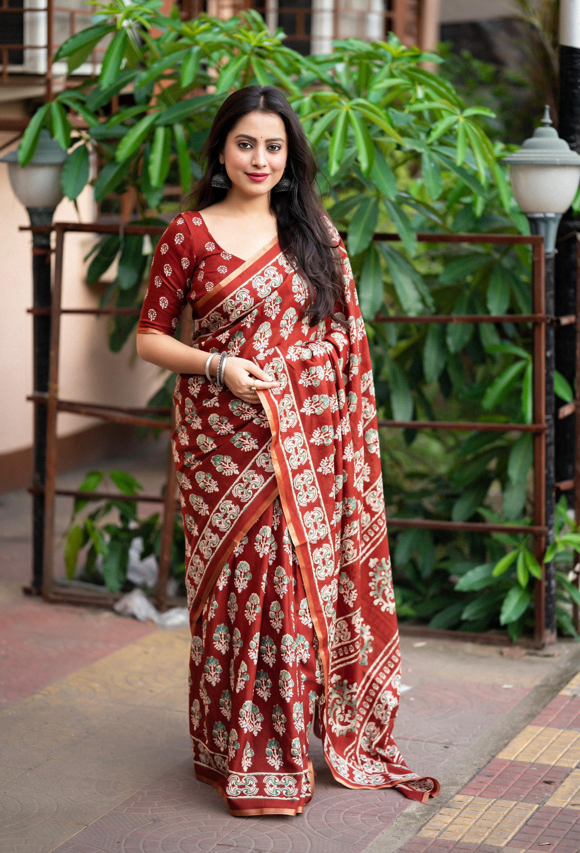 Red Cotton Blend Ajrak Saree with Unstitched Blouse - A2M