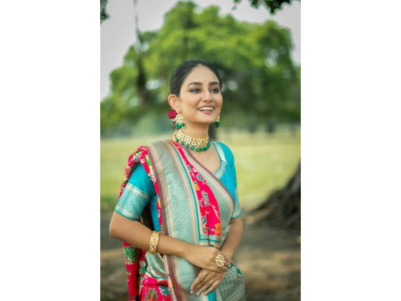 Aastha Fashion Women's Rani Pink Banarasi Silk Meenakari Zari Woven Saree with Blouse - Grab2buy