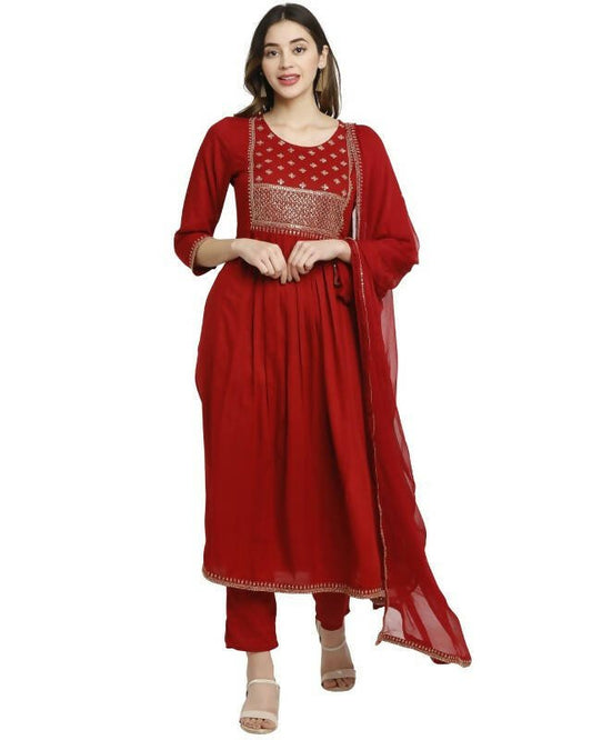 Aastha Fashion Women's Maroon Rayon Slub Embroidered Kurta with Trouser & Dupatta - Grab2buy