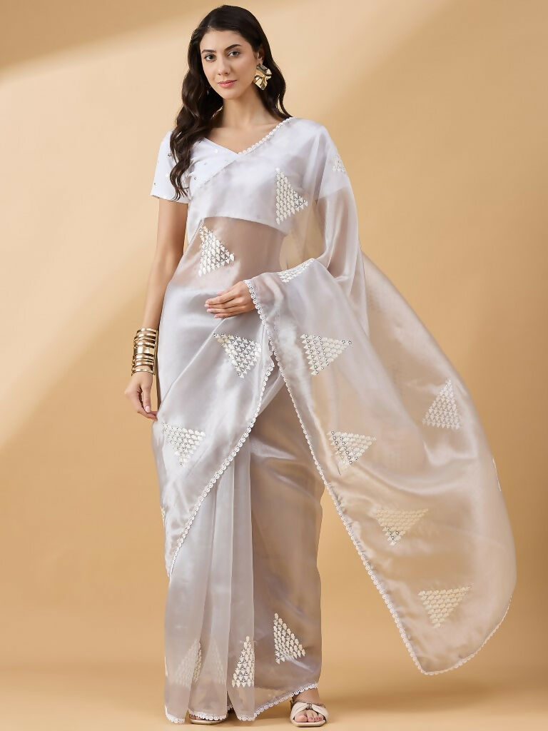 Grey Tissue Slub Embroidered Saree with Unstitched Blouse - Vairagi
