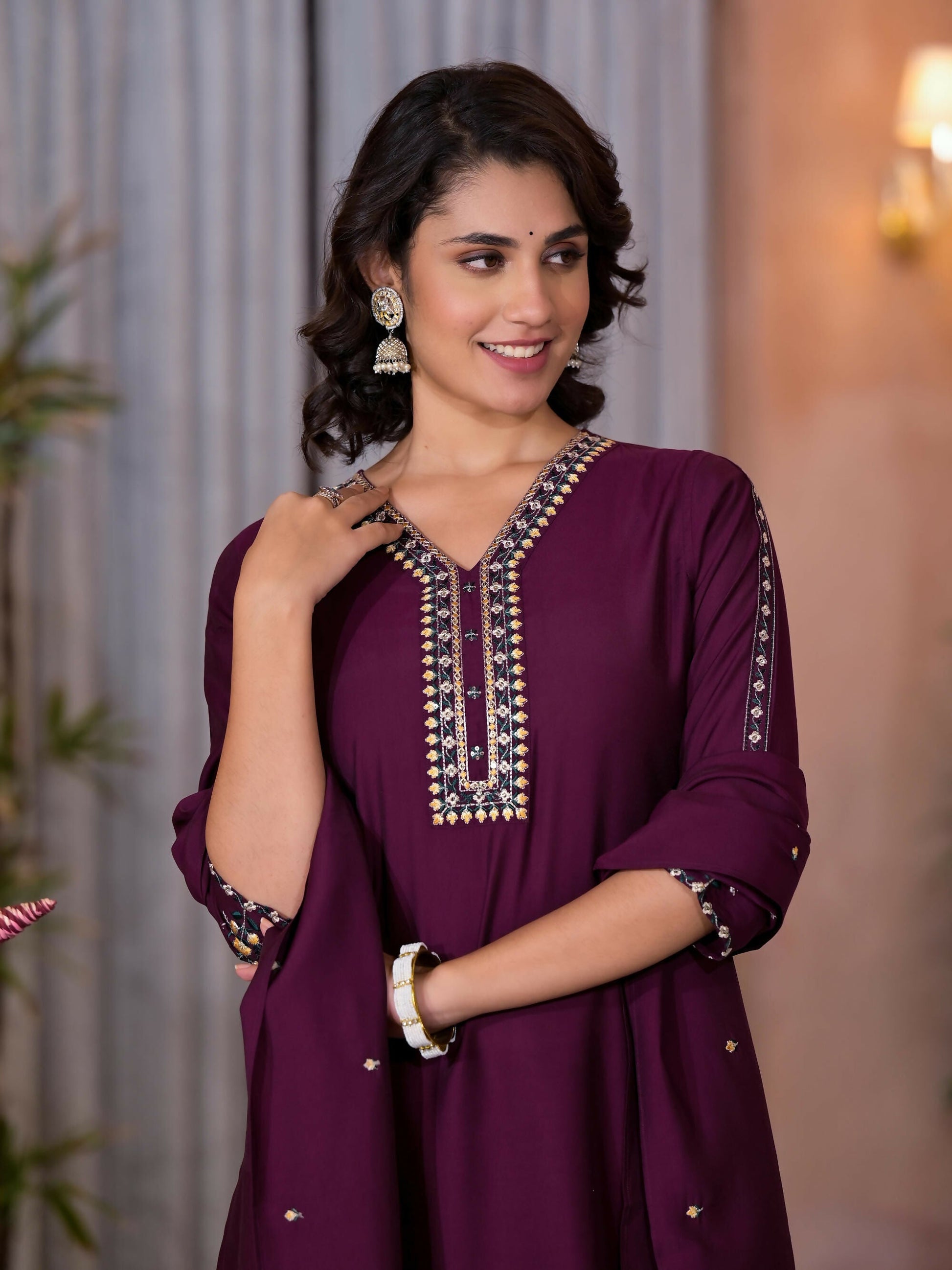 Juniper Women's Wine Thread Embroidered Viscose Kurta Pant And Dupatta Set With Sequins Work & Zari Work