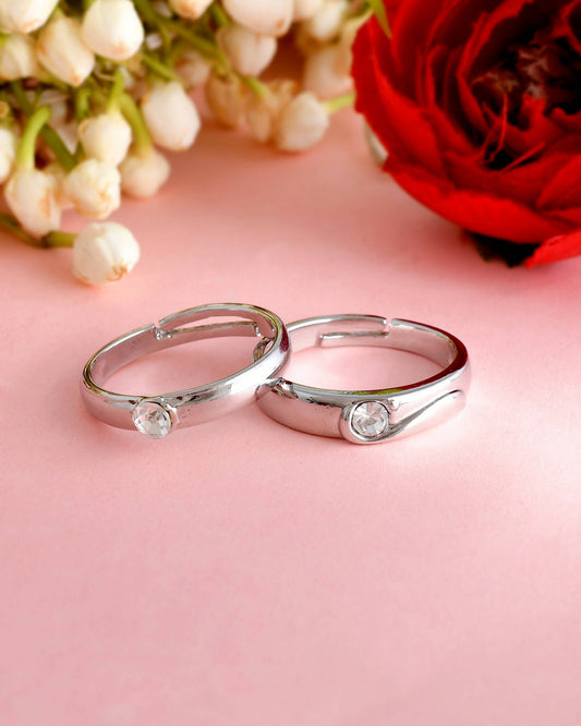 VOJ Stainless Steel Cubic Zirconia Silver Plated Adjustable Ring Set for Couple 