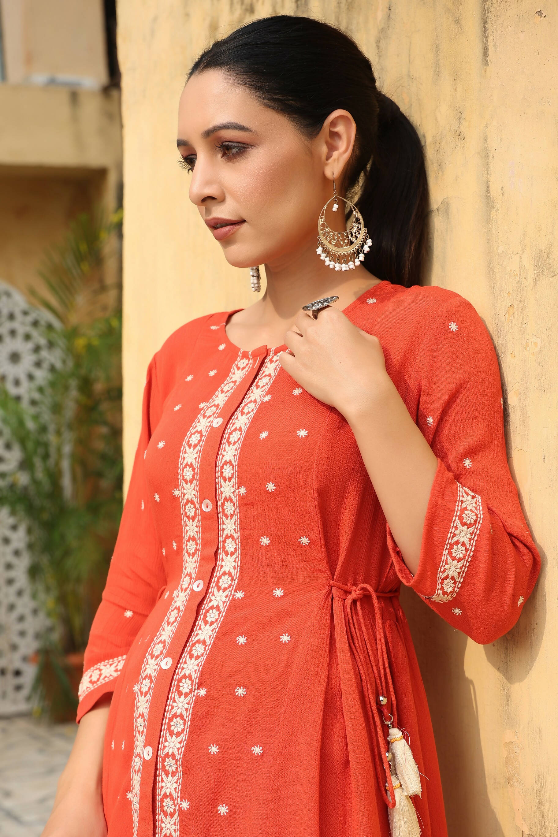 Juniper Women's Orange Rayon Crepe Embroidered Tunic