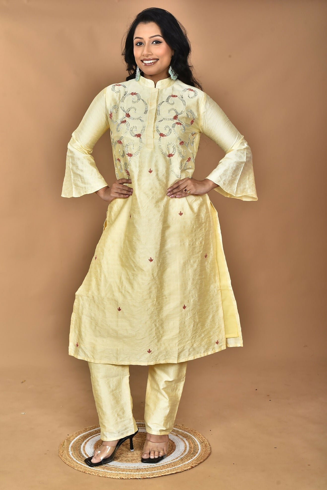 Morchari Women And Hand Embroidery Co-Ord Set-Lemon- Yellow 