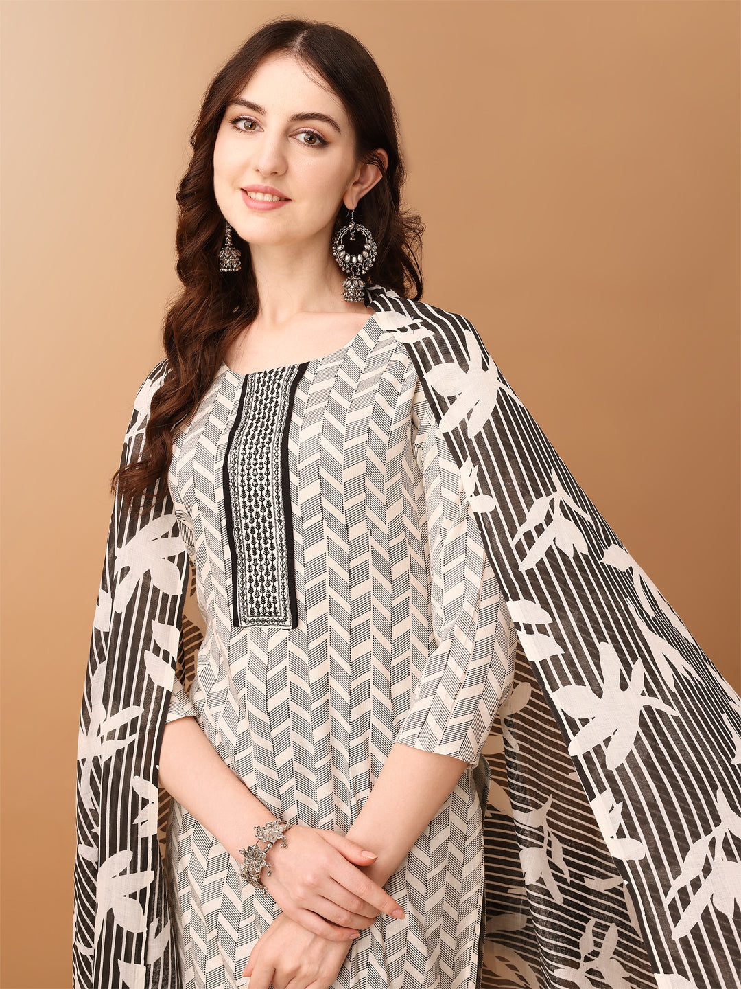 Embroidered & Printed Kurta With Pant & Printed Dupatta, Black - Hiral Fashion