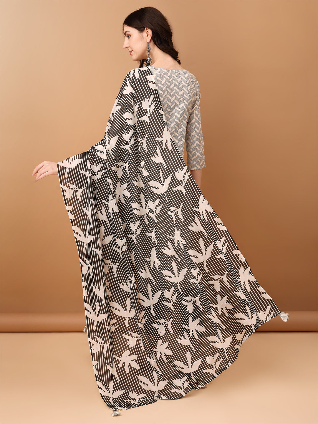 Embroidered & Printed Kurta With Pant & Printed Dupatta, Black - Hiral Fashion
