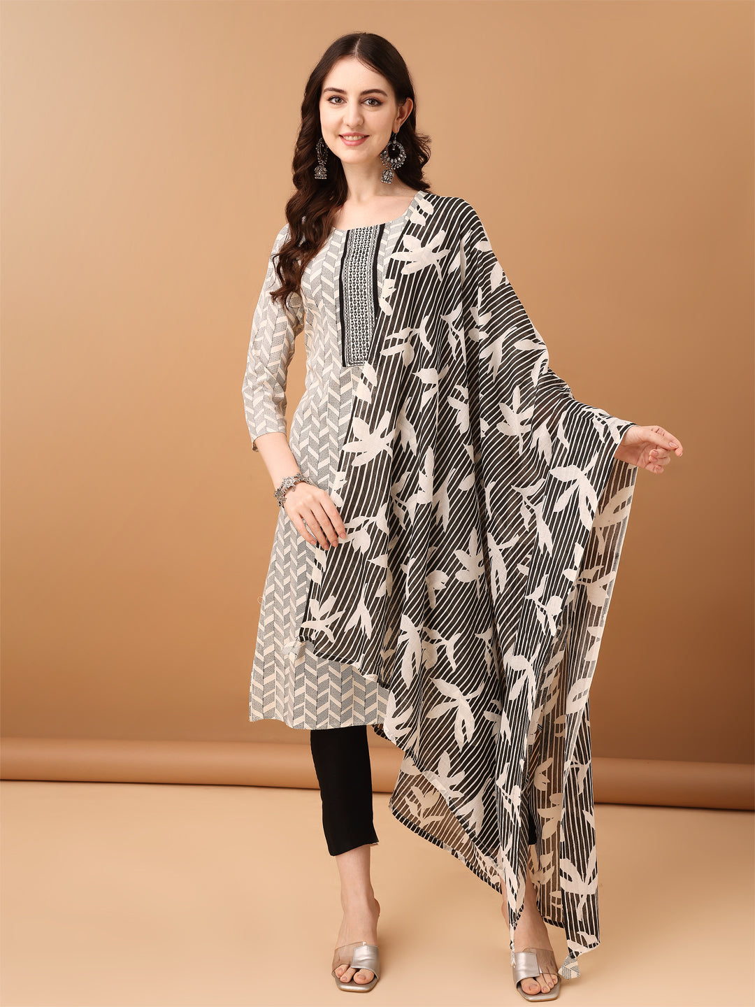 Embroidered & Printed Kurta With Pant & Printed Dupatta, Black - Hiral Fashion