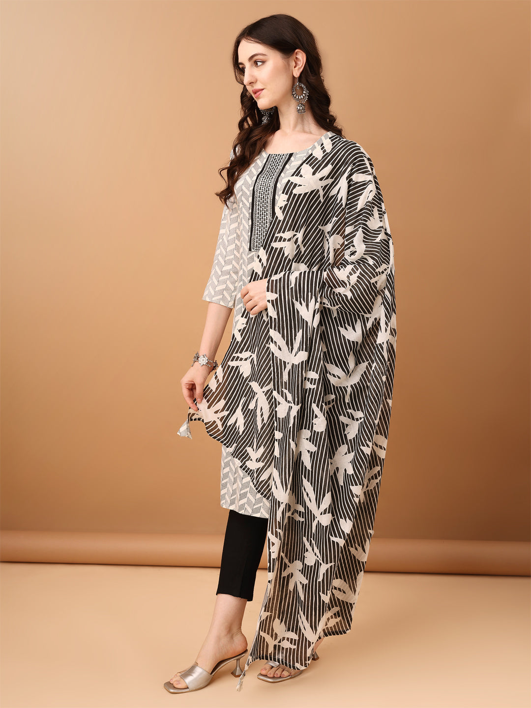 Embroidered & Printed Kurta With Pant & Printed Dupatta, Black - Hiral Fashion