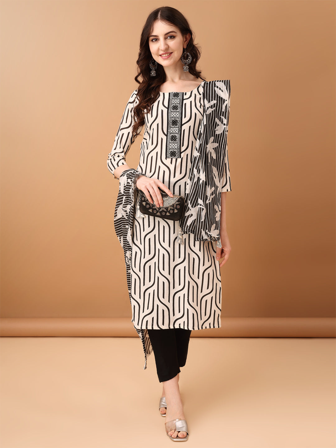 Embroidered & Printed Kurta With Pant & Printed Dupatta, Black - Hiral Fashion