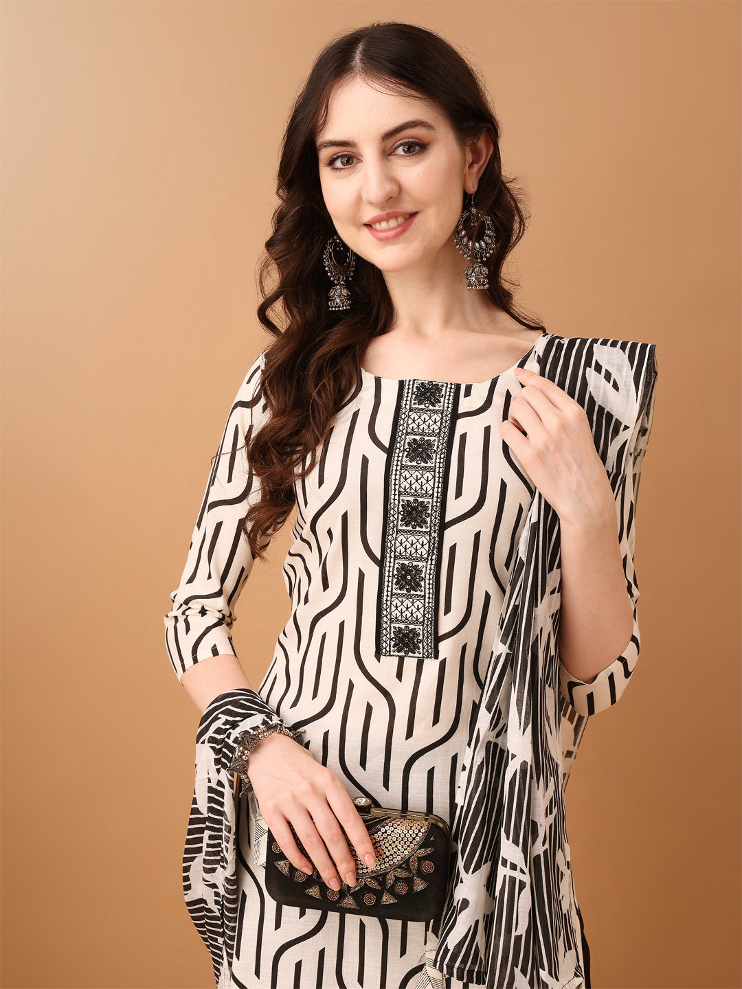 Embroidered & Printed Kurta With Pant & Printed Dupatta, Black - Hiral Fashion