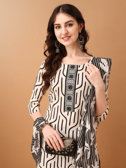 Embroidered & Printed Kurta With Pant & Printed Dupatta, Black - Hiral Fashion