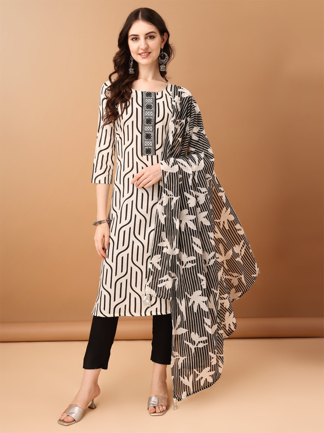 Embroidered & Printed Kurta With Pant & Printed Dupatta, Black - Hiral Fashion