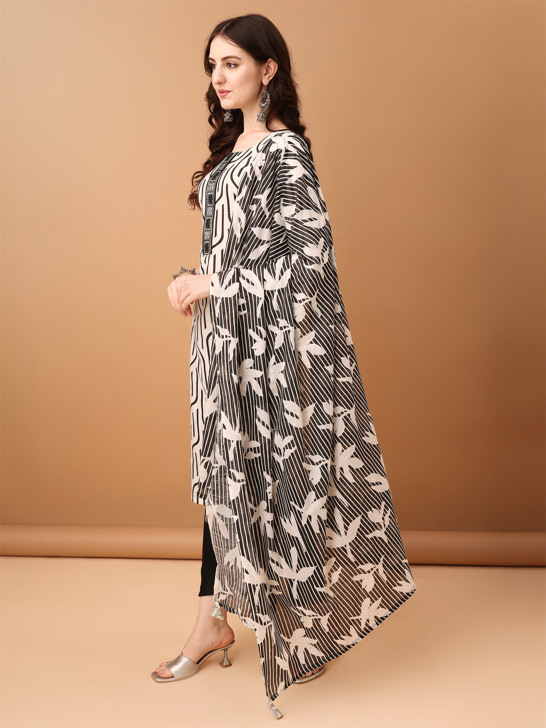 Embroidered & Printed Kurta With Pant & Printed Dupatta, Black - Hiral Fashion