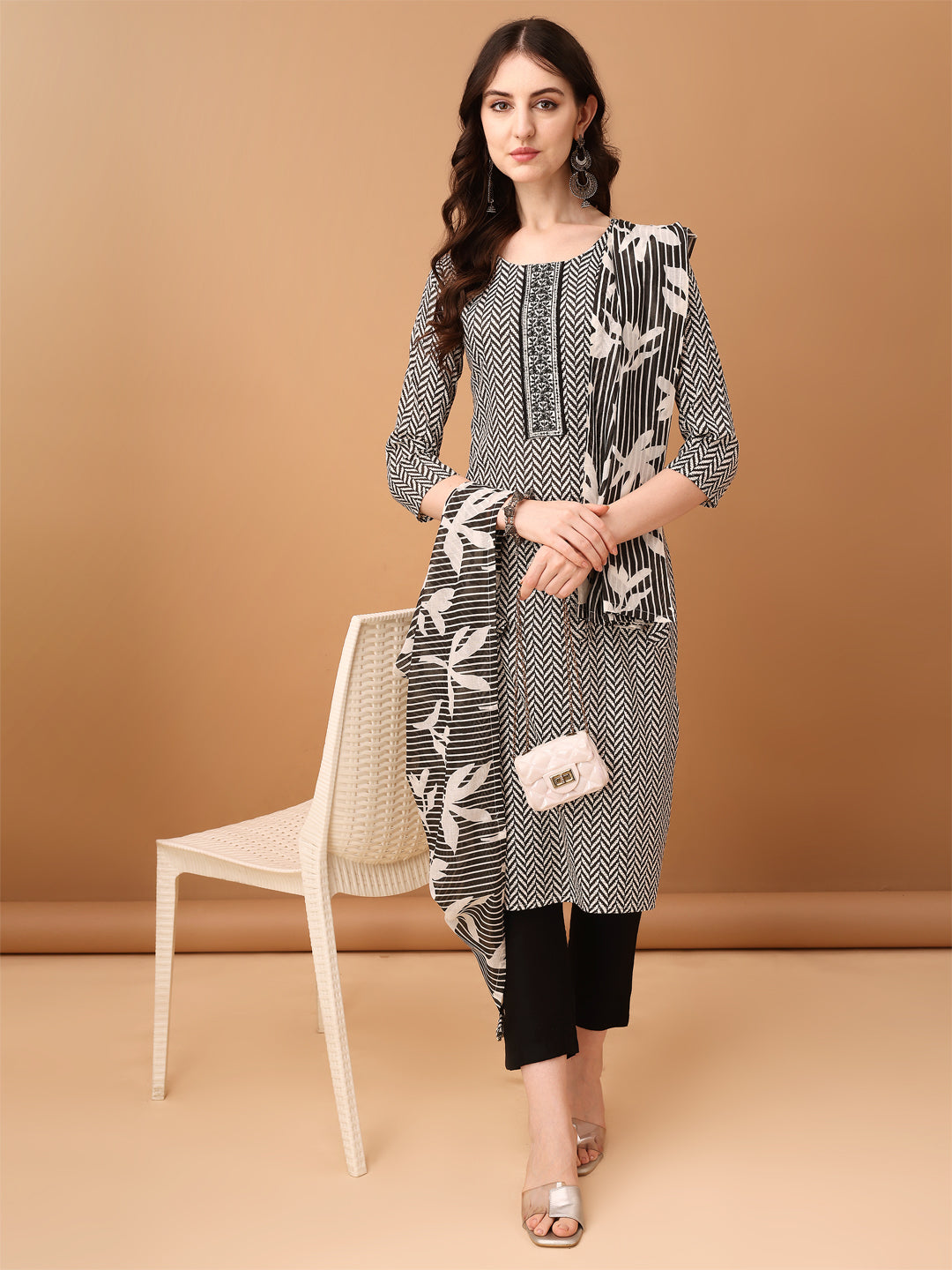 Embroidered & Printed Kurta With Pant & Printed Dupatta, Black - Hiral Fashion