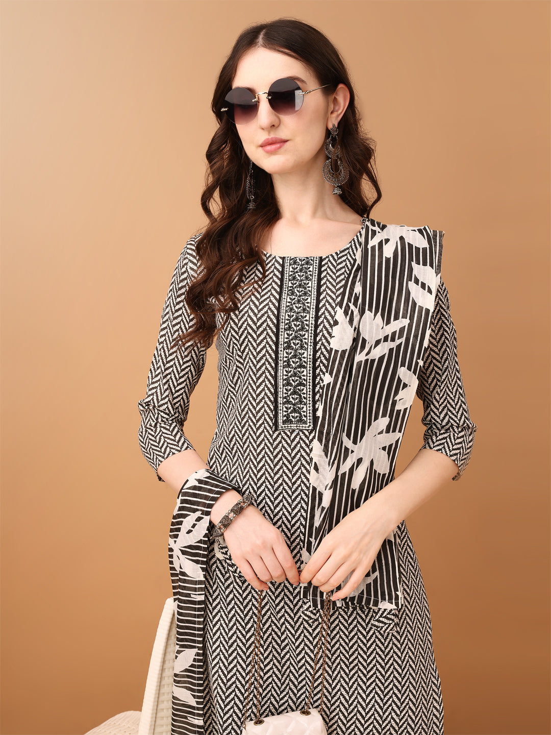Embroidered & Printed Kurta With Pant & Printed Dupatta, Black - Hiral Fashion