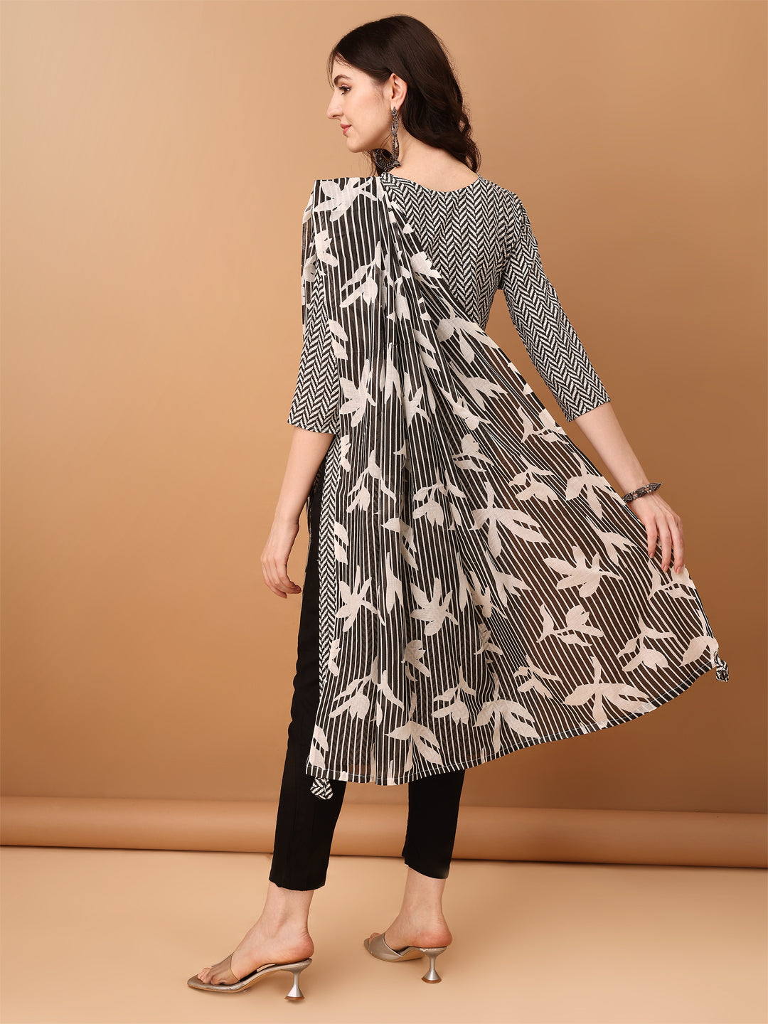 Embroidered & Printed Kurta With Pant & Printed Dupatta, Black - Hiral Fashion