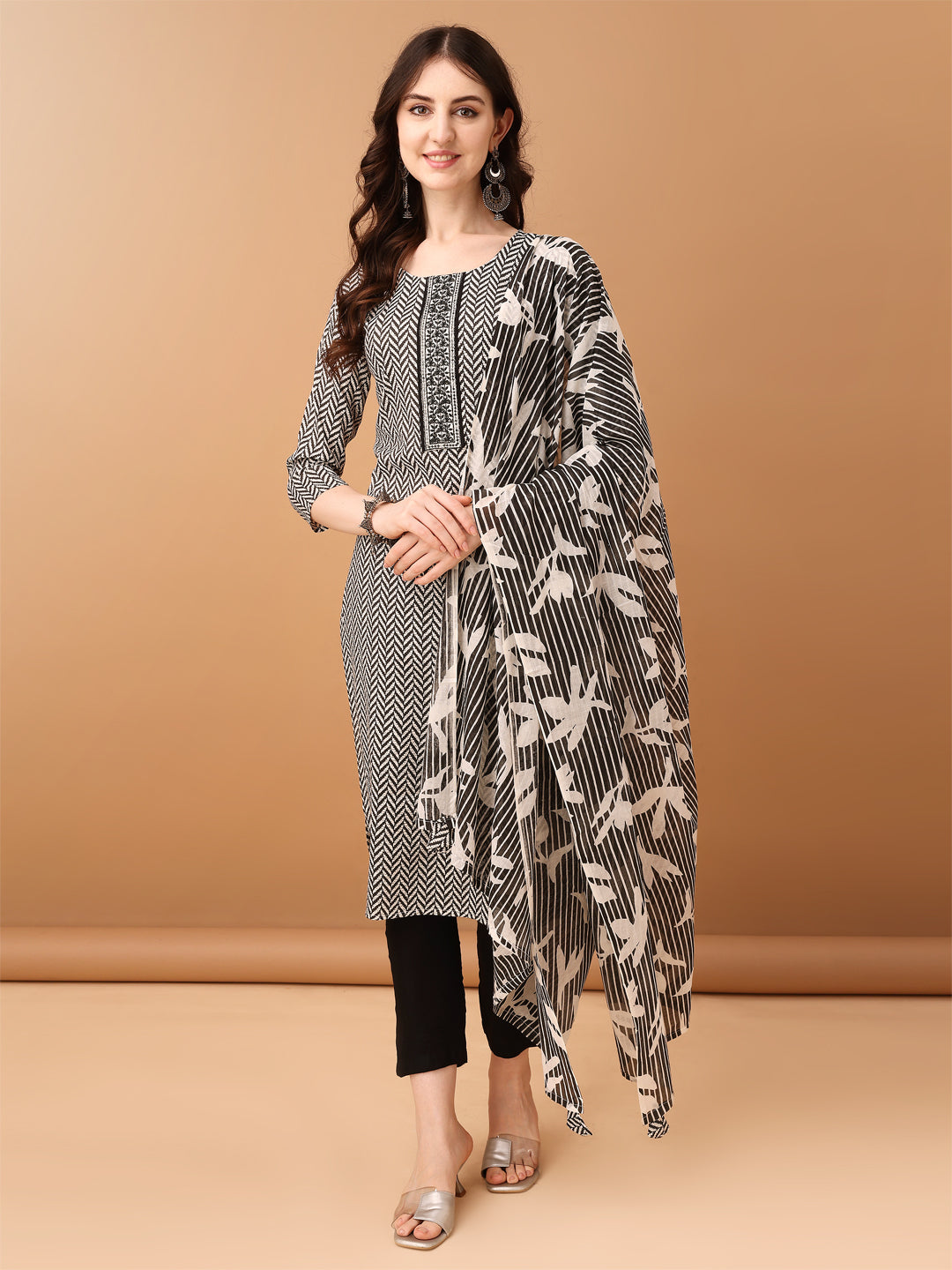 Embroidered & Printed Kurta With Pant & Printed Dupatta, Black - Hiral Fashion