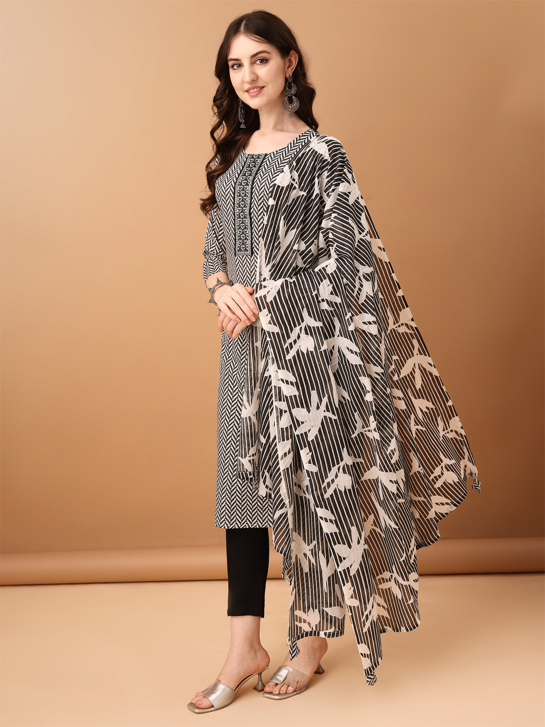 Embroidered & Printed Kurta With Pant & Printed Dupatta, Black - Hiral Fashion