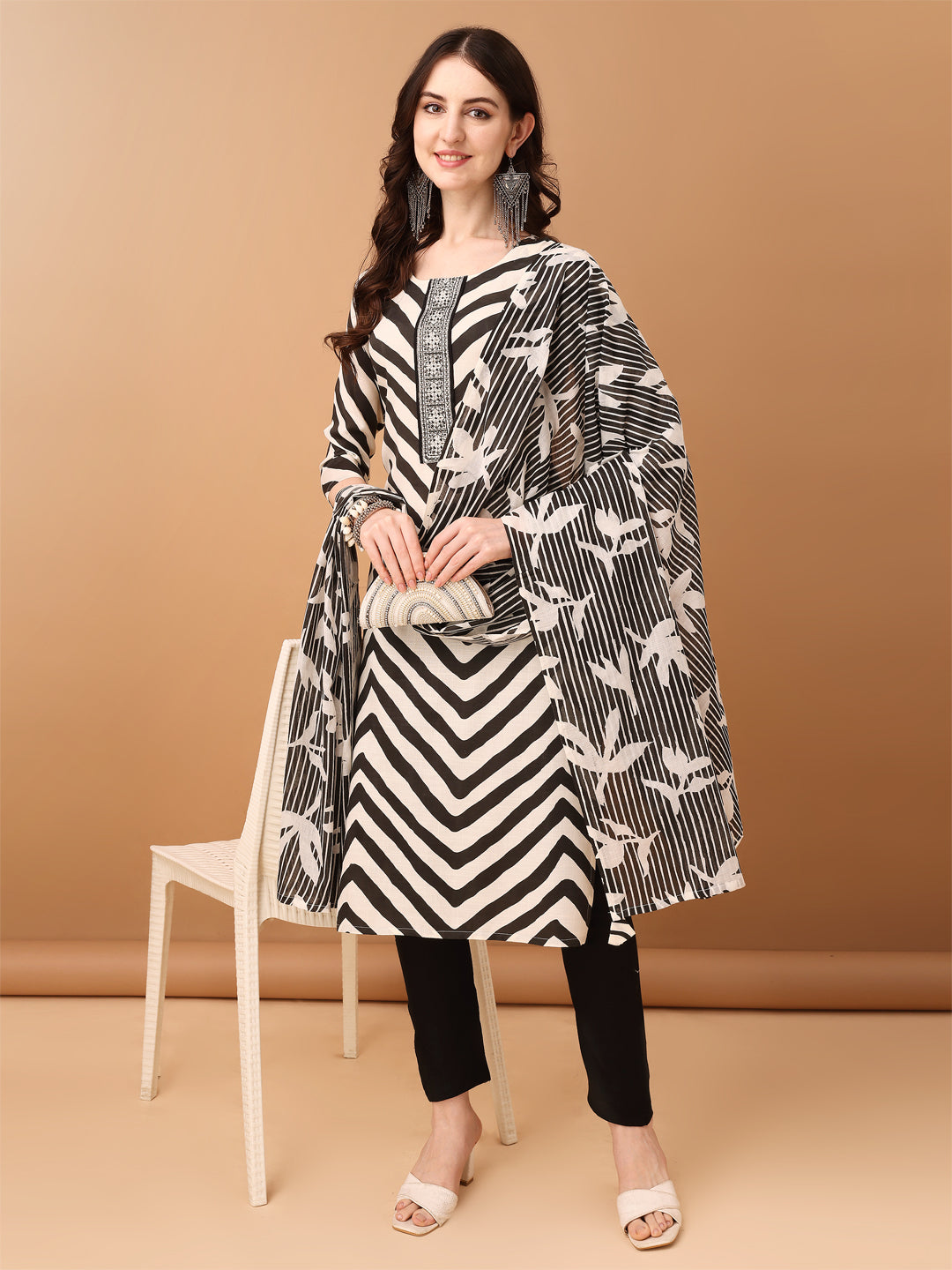 Embroidered & Printed Kurta With Pant & Printed Dupatta, Black - Hiral Fashion