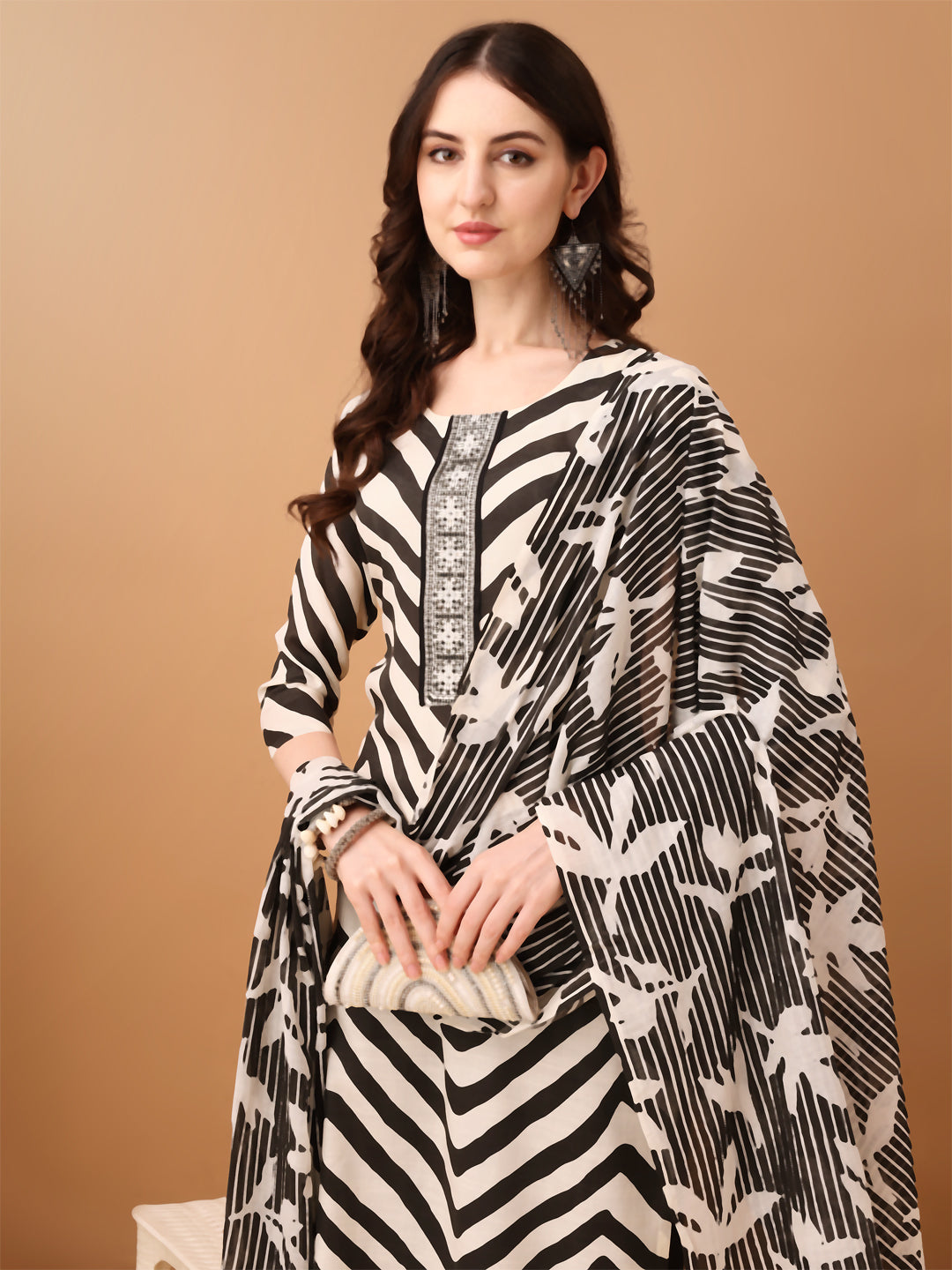 Embroidered & Printed Kurta With Pant & Printed Dupatta, Black - Hiral Fashion
