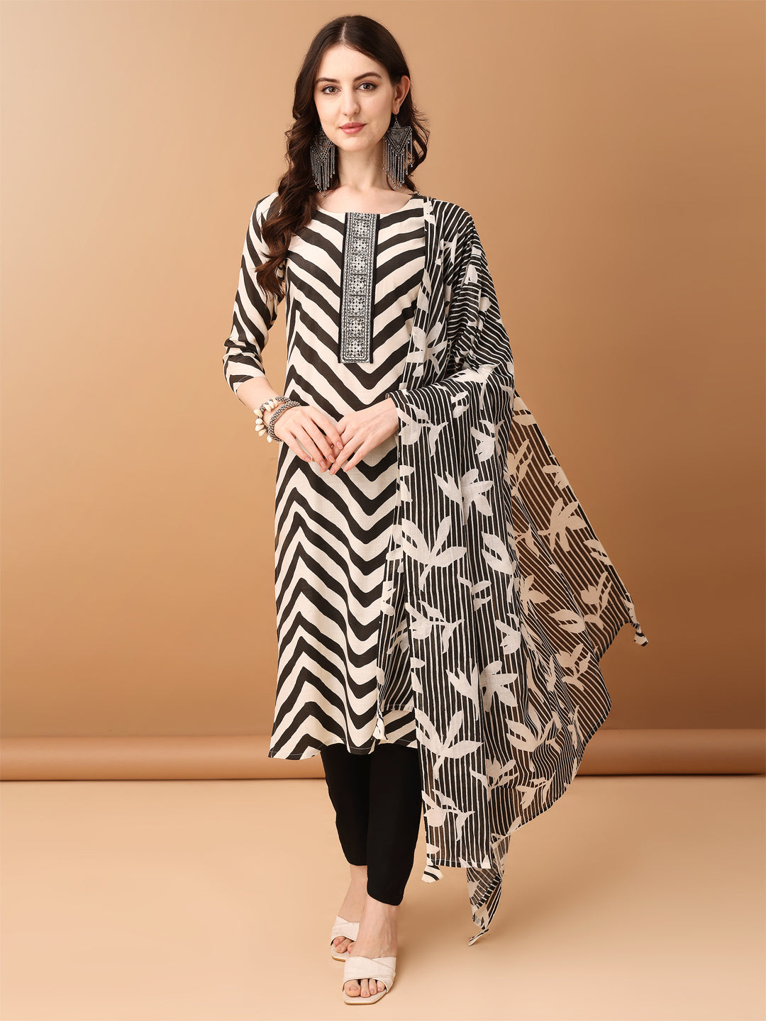 Embroidered & Printed Kurta With Pant & Printed Dupatta, Black - Hiral Fashion