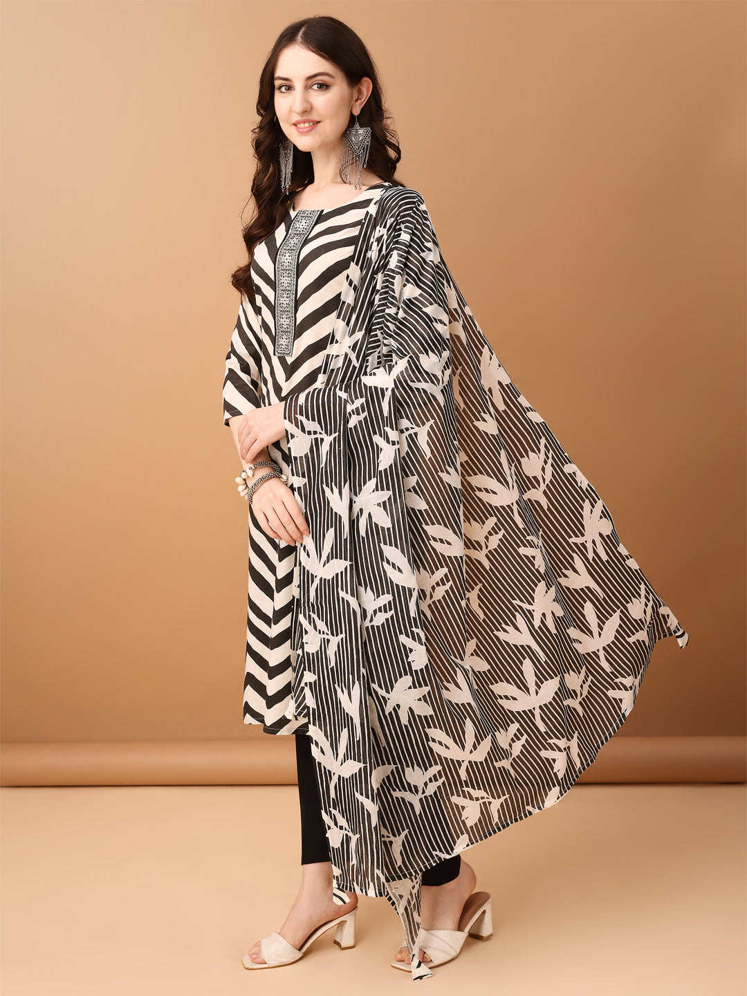Embroidered & Printed Kurta With Pant & Printed Dupatta, Black - Hiral Fashion