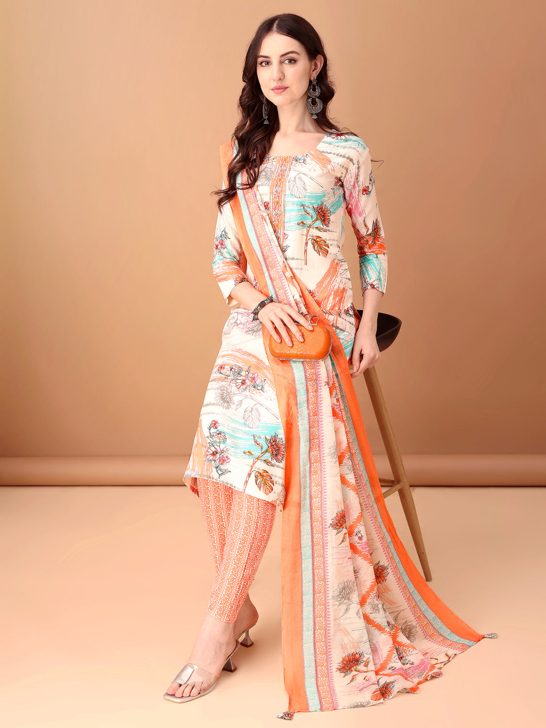 Embroidered & Printed Kurta With Pant & Printed Dupatta, Orange - Hiral Fashion