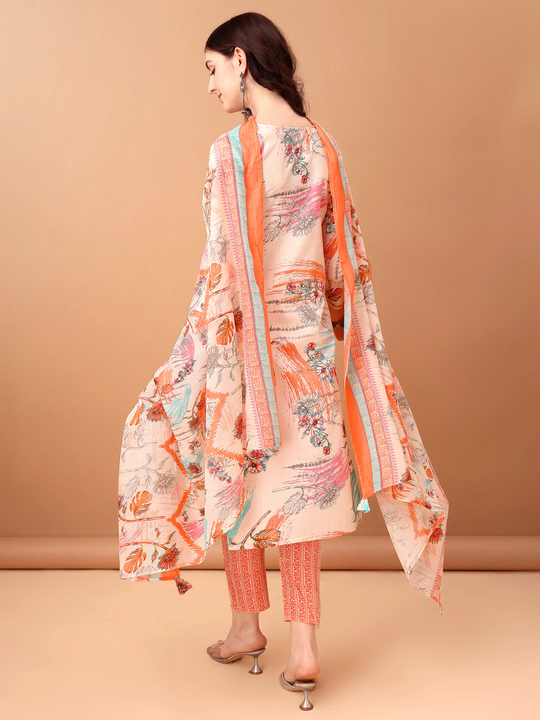 Embroidered & Printed Kurta With Pant & Printed Dupatta, Orange - Hiral Fashion