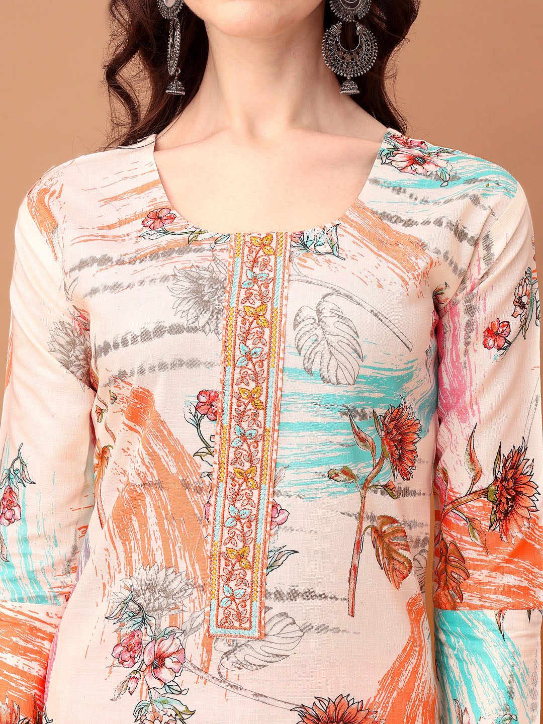 Embroidered & Printed Kurta With Pant & Printed Dupatta, Orange - Hiral Fashion