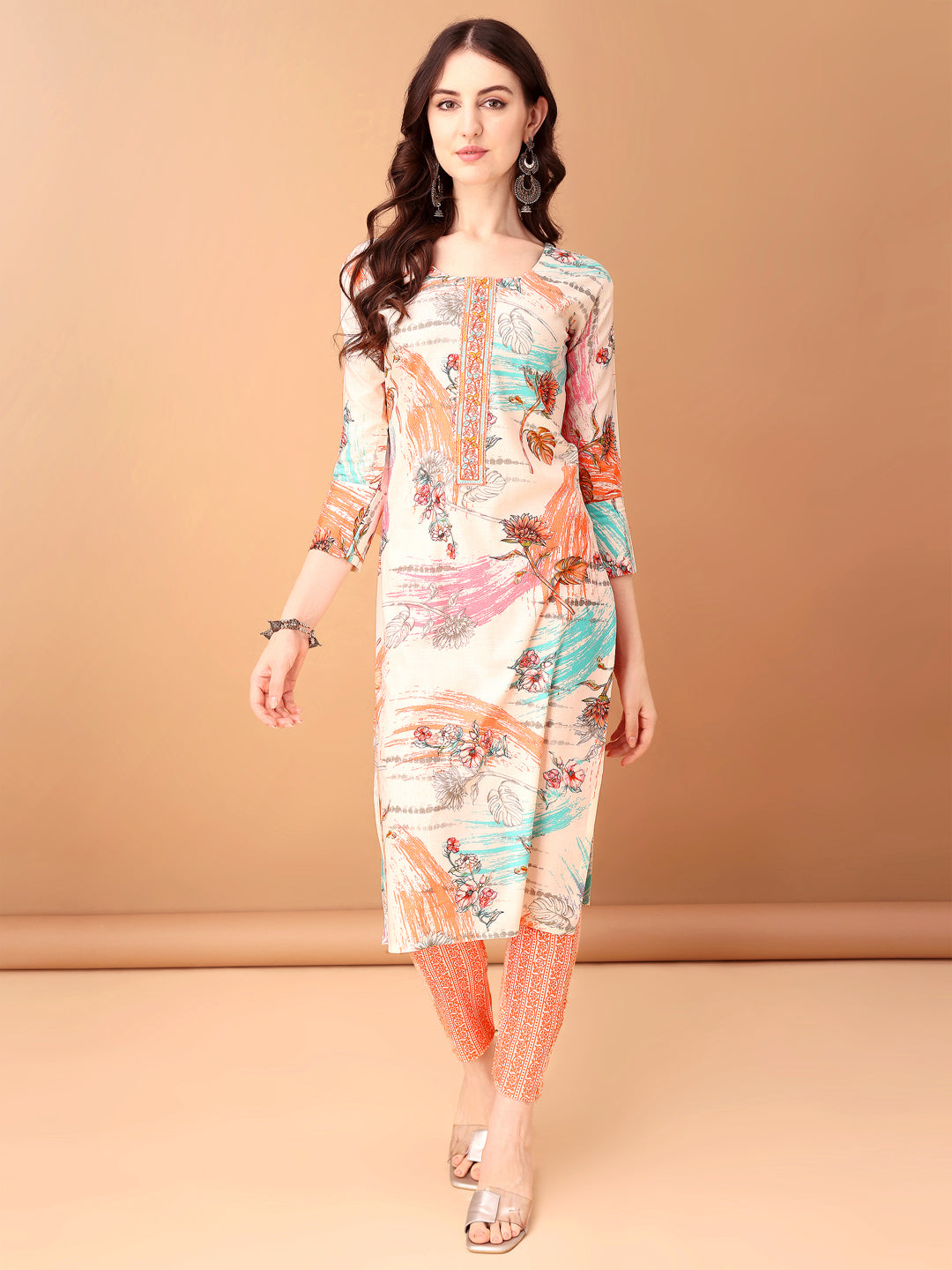 Embroidered & Printed Kurta With Pant & Printed Dupatta, Orange - Hiral Fashion