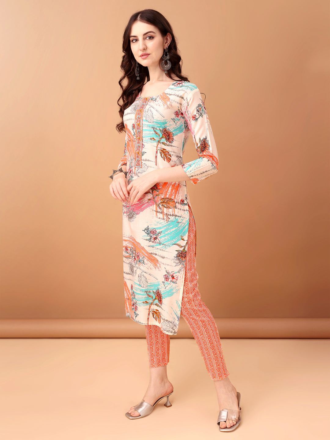 Embroidered & Printed Kurta With Pant & Printed Dupatta, Orange - Hiral Fashion