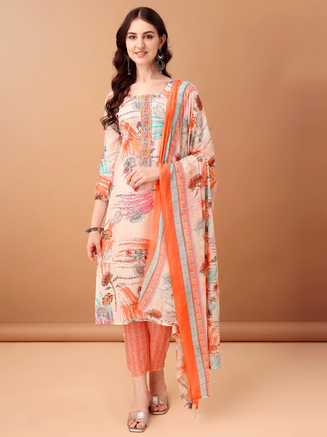 Embroidered & Printed Kurta With Pant & Printed Dupatta, Orange - Hiral Fashion