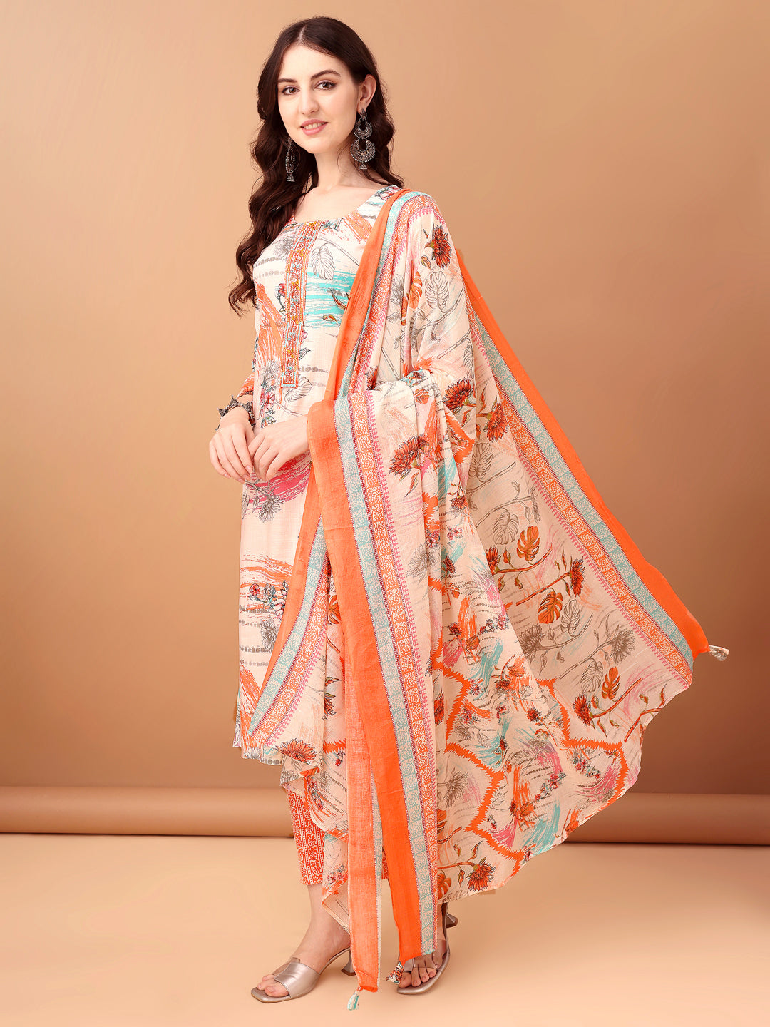 Embroidered & Printed Kurta With Pant & Printed Dupatta, Orange - Hiral Fashion