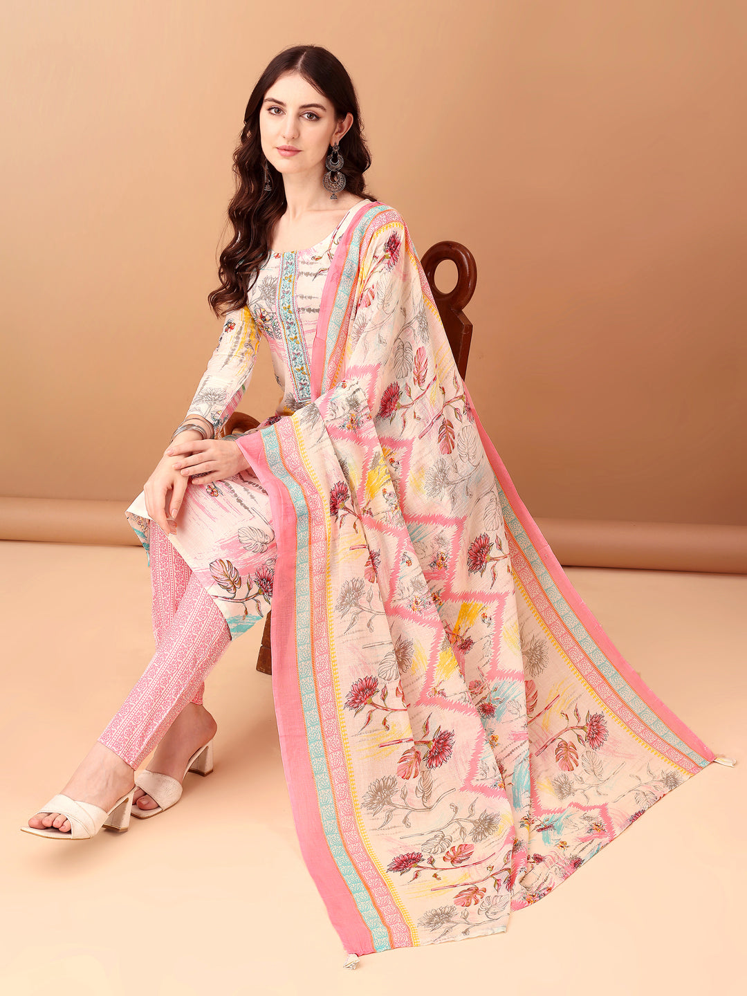 Embroidered & Printed Kurta With Pant & Printed Dupatta, Pink - Hiral Fashion