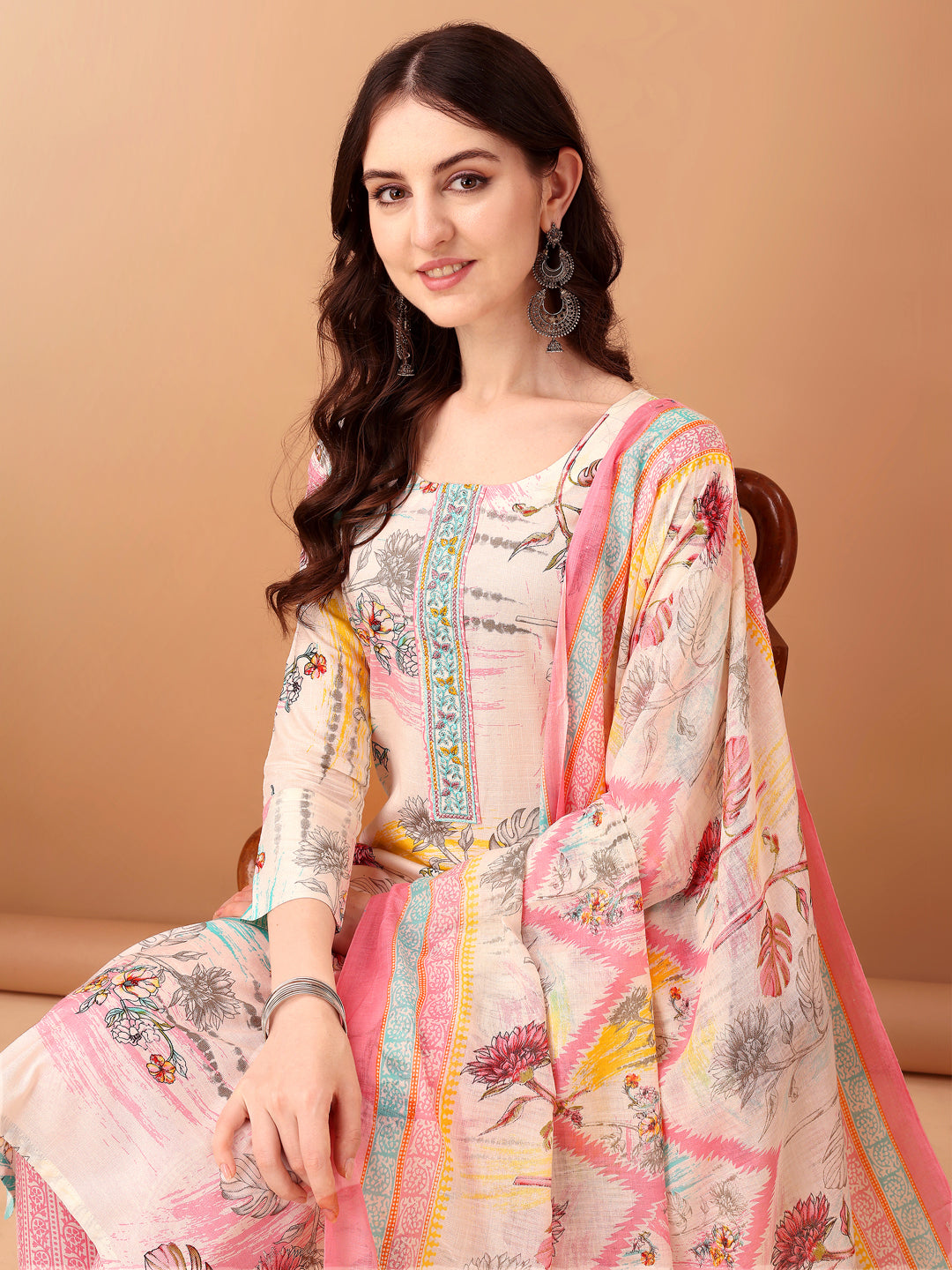 Embroidered & Printed Kurta With Pant & Printed Dupatta, Pink - Hiral Fashion